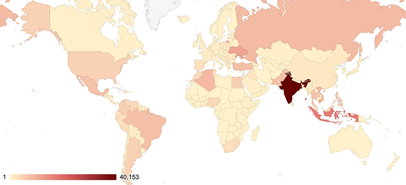 Geographic distribution of victims of Socks5Systemz Botnet infections